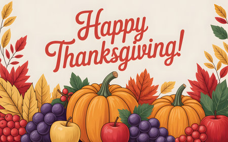Happy thanksgiving greeting with pumpkins, grapes, apples, and autumn leaves, festive holiday bounty displayの素材