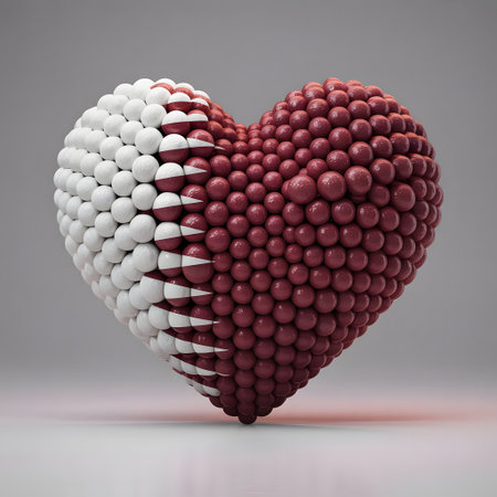Heart shape made of small spheres in the colors of the qatar flag, symbolizing love for the countryの素材