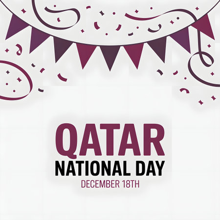 Qatar national day celebration with bunting flags, confetti, and text on a white backgroundの素材