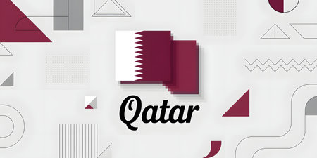 Modern graphic design featuring the qatar flag and text, with abstract geometric shapes on a white backgroundの素材
