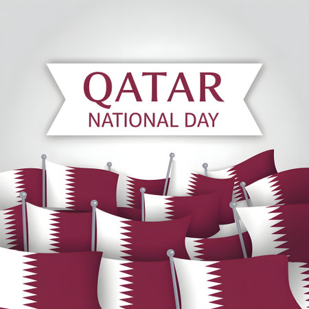 A multitude of qatari flags displayed prominently with a banner proclaiming qatar national dayの素材