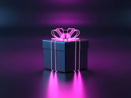 A dark gift box with a glowing pink ribbon and bow on a dark reflective surfaceの素材