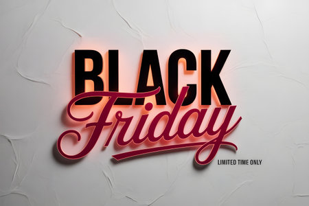Black friday neon sign with red script text, glowing effect on textured wall, retail conceptの素材