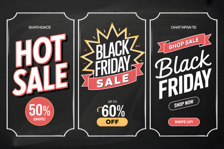 Black friday sale announcement with three different styled chalkboards advertising hot sale, discounts, and shop nowの素材