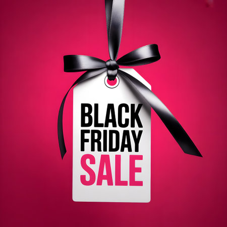 Black friday sale tag with black ribbon and bow on a vibrant pink background, advertising a major shopping eventの素材