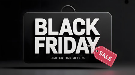 Black friday sale sign with a red sale tag and limited time offer text on a dark backgroundの素材