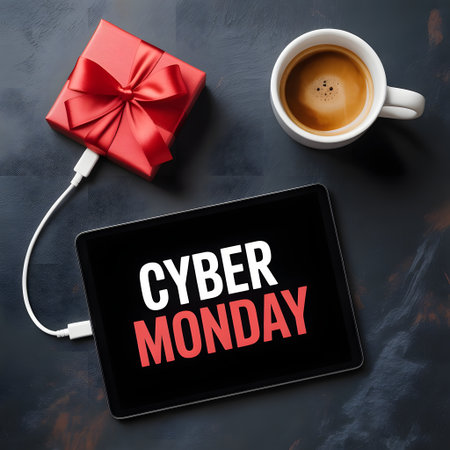 Cyber monday concept with a gift box and tablet displaying text, next to a cup of coffee on a dark backgroundの素材