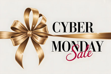 Cyber monday sale text with a golden ribbon and bow on a light backgroundの素材