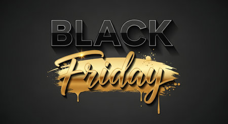 Black friday sale text with golden brush stroke and dripping effect on a dark background, advertising conceptの素材