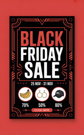 Black friday sale announcement with discounts on various products like bananas, jewelry, and hats, promoting shopping dealsの素材