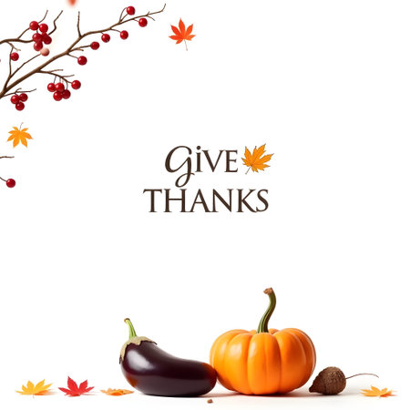 Give thanks text with eggplant, pumpkin, and autumn leaves isolated on white backgroundの素材