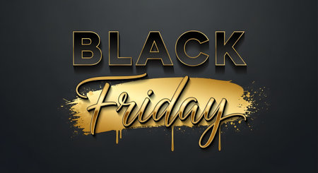 Black friday sale text with golden brush stroke and dripping effect on a dark background, advertising conceptの素材