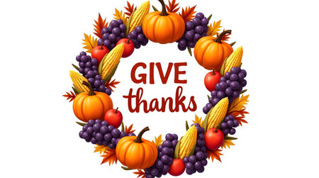 Give thanks text in a wreath with pumpkins, grapes, apples, and cornの素材