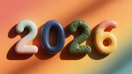 Happy new year 2026 numbers in playful, textured, and colorful design, bright background with shadowsの素材