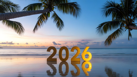 Golden year 2026 numbers on a tropical beach at sunset with palm trees reflected in the wet sandの素材
