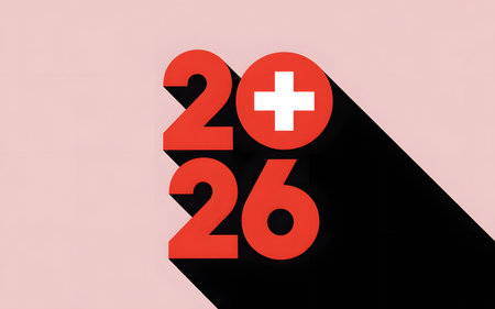 The numbers 2026 in red with a swiss flag in the zero, casting a long shadow on a pink backgroundの素材