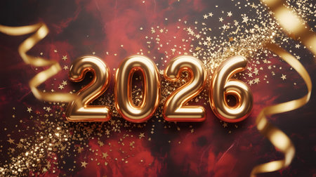 Golden 2026 balloons with confetti and streamers, celebrating the new year with a festive and luxurious feelの素材