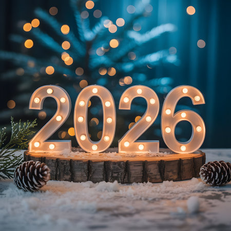 Glowing 2026 marquee numbers on a wooden base, surrounded by snow and pinecones, with a blurred christmas tree and bokeh lightsの素材