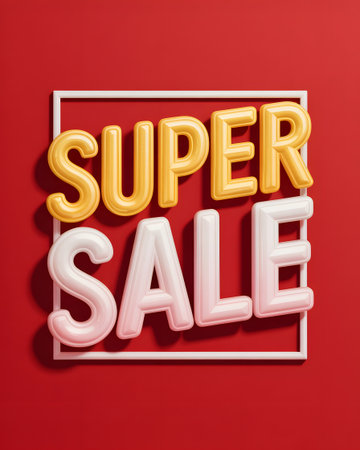 Super sale text made of inflatable balloons in yellow and pink colors on a red background, studio shotの素材
