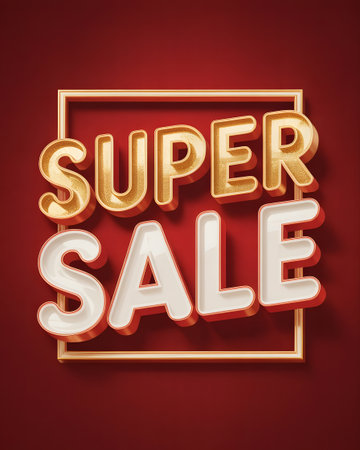 Super sale text in 3d golden and white balloon letters inside a golden frame on a red background, advertising promotionの素材