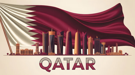 Panoramic view of dohas impressive skyline under the national flag of qatar, showcasing urban development and architectural marvelsの素材