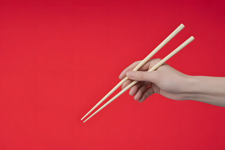 Hand holding wooden chopsticks ready to pick up food, isolated against a vibrant red background, symbolizing asian cuisine and diningの素材
