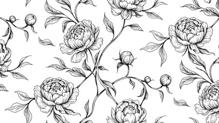 Detailed black and white sketch of blooming peonies and leaves, elegant floral pattern, perfect for vintage textile design and romantic backgroundsの素材