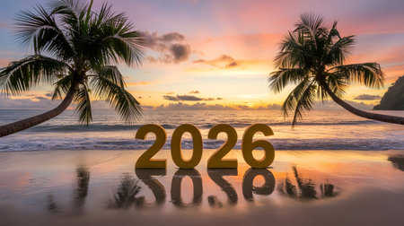 Golden 2026 balloons float on a tropical beach at sunset with palm trees and reflections in the waterの素材