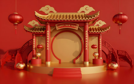 Traditional chinese new year archway with red lanterns and golden accents, symbolizing good fortune and celebrationの素材