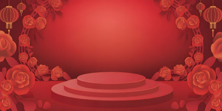 Festive red stage with tiered podium and floral decorations, ideal for product display and celebrationsの素材