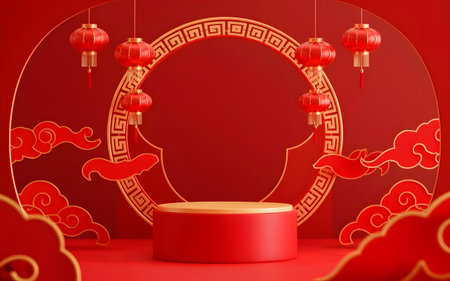 Festive red and gold chinese new year podium with traditional lanterns and clouds, symbolizing good fortune and celebrationの素材