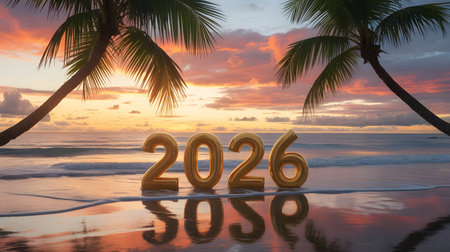 Golden 2026 balloons float on a tropical beach at sunset with palm trees and reflections in the waterの素材