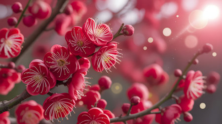 Vibrant pink plum flowers bloom on a dark branch, with a soft, glowing sun flare and bokeh lights creating a magical, ethereal atmosphereの素材