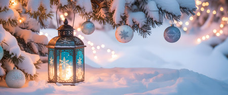 A glowing lantern hangs from a snowcovered pine branch adorned with christmas ornaments and bokeh lights in a winter wonderlandの素材