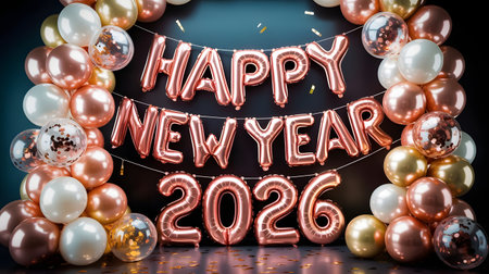 Happy new year 2026 balloons decoration with confetti and streamers, festive celebration backgroundの素材
