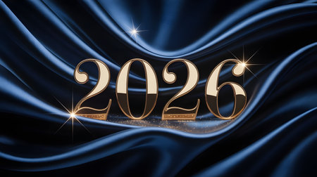 Elegant golden 2026 numerals with shimmering sparkles on a flowing dark blue satin textile, new year celebrationの素材