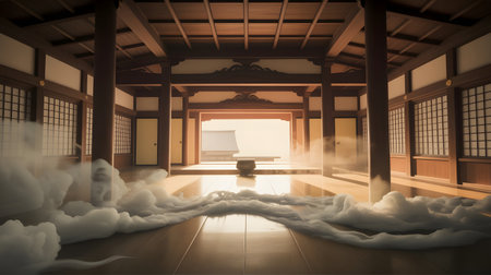 Traditional japanese interior with steam rising from the floor, illuminated by natural light filtering through the wooden structureの素材