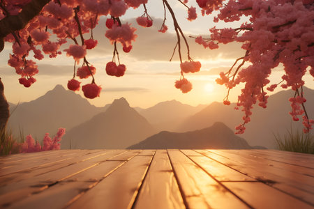 Serene japanese landscape with cherry blossoms and mountains at sunset, viewed from a wooden deckの素材