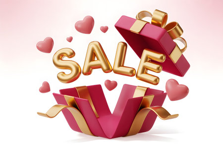 Open gift box with golden sale text and pink hearts floating out, symbolizing a special offer, promotion, and valentines day shoppingの素材