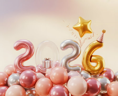 Balloons in the shape of 2026, a star, and a party hat, surrounded by other balloons, celebrating the new yearの素材