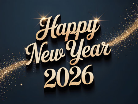 Happy new year 2026 text with a dynamic golden glitter streak and sparkling lights on a dark background, a modern festive designの素材