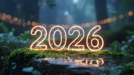Glowing 2026 numbers in a magical forest setting with bokeh lights and mossy rocks, representing a mystical new yearの素材