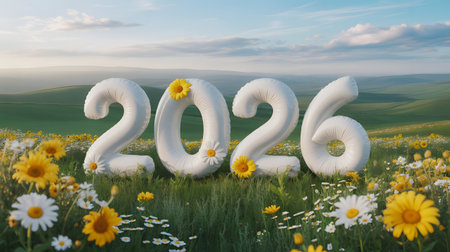 Happy new year 2026 balloons in a field of flowers, symbolizing growth and new beginnings with a bright skyの素材