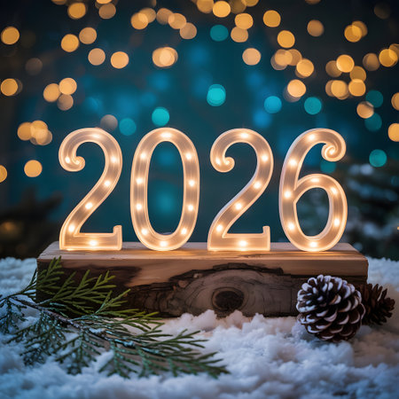 New year 2026 illuminated numbers on a wooden stand with pine branches and bokeh lightsの素材