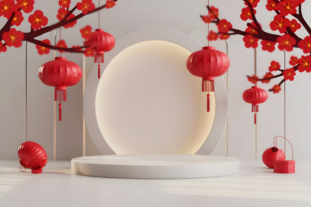 3d rendering of white podium for product display with red paper lanterns and cherry blossom.の素材