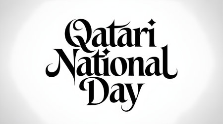 Qatari national day text in elegant black calligraphy on a clean white background, celebrating national pride and heritageの素材