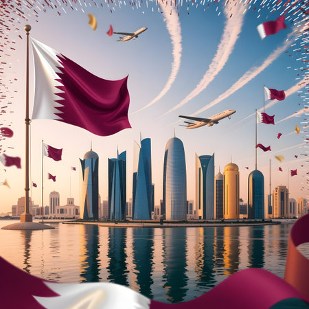 Doha skyline with qatari flags and airplanes, celebrating qatar national day with modern architecture and national symbolsの素材