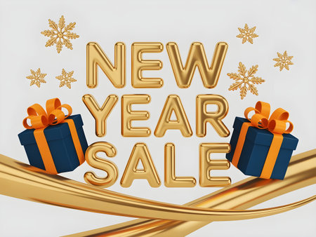 Golden 3d text new year sale with gift boxes and snowflakes on a white backgroundの素材