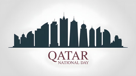 Doha skyline silhouette with qatar national day text belowの素材