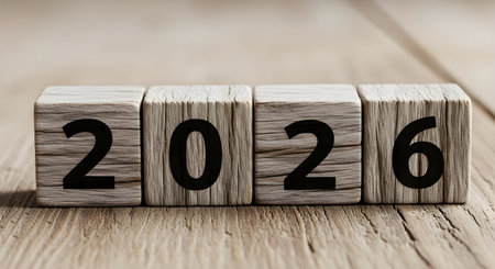 Wooden blocks with the year 2026 engraved on them, placed on a wooden surface, symbolizing the upcoming new year and futureの素材